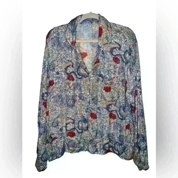 Roller Rabbit Floral Sheen Collared Pajama Top Cottage Long Sleeves Boho - Picture 1 of 5